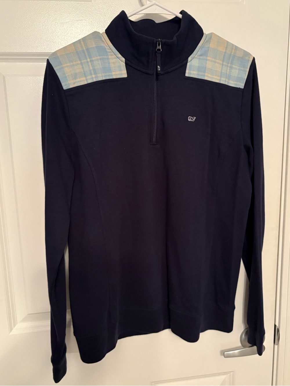 Vineyard Vines Navy Quarter-Zip Sweater with Light Blue Plaid Shoulder Panels